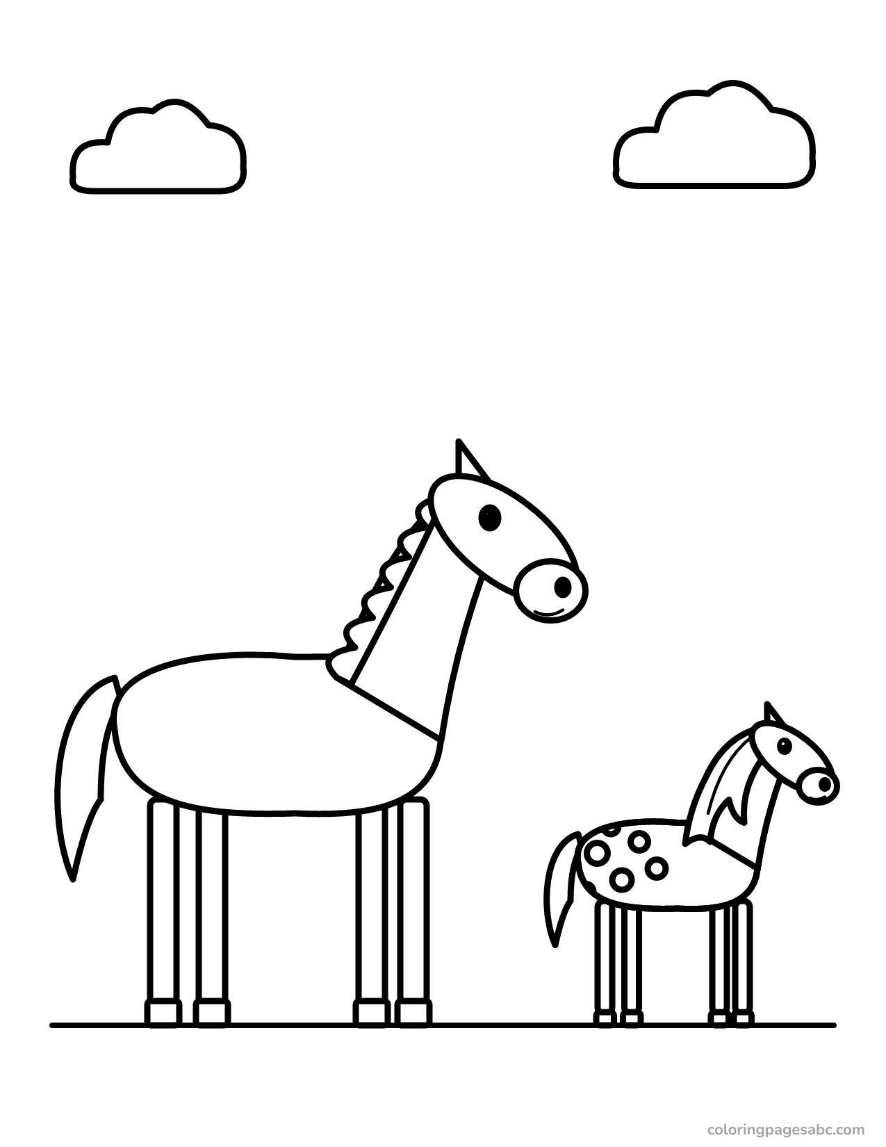 Horse with her little foal standing beside her coloring page