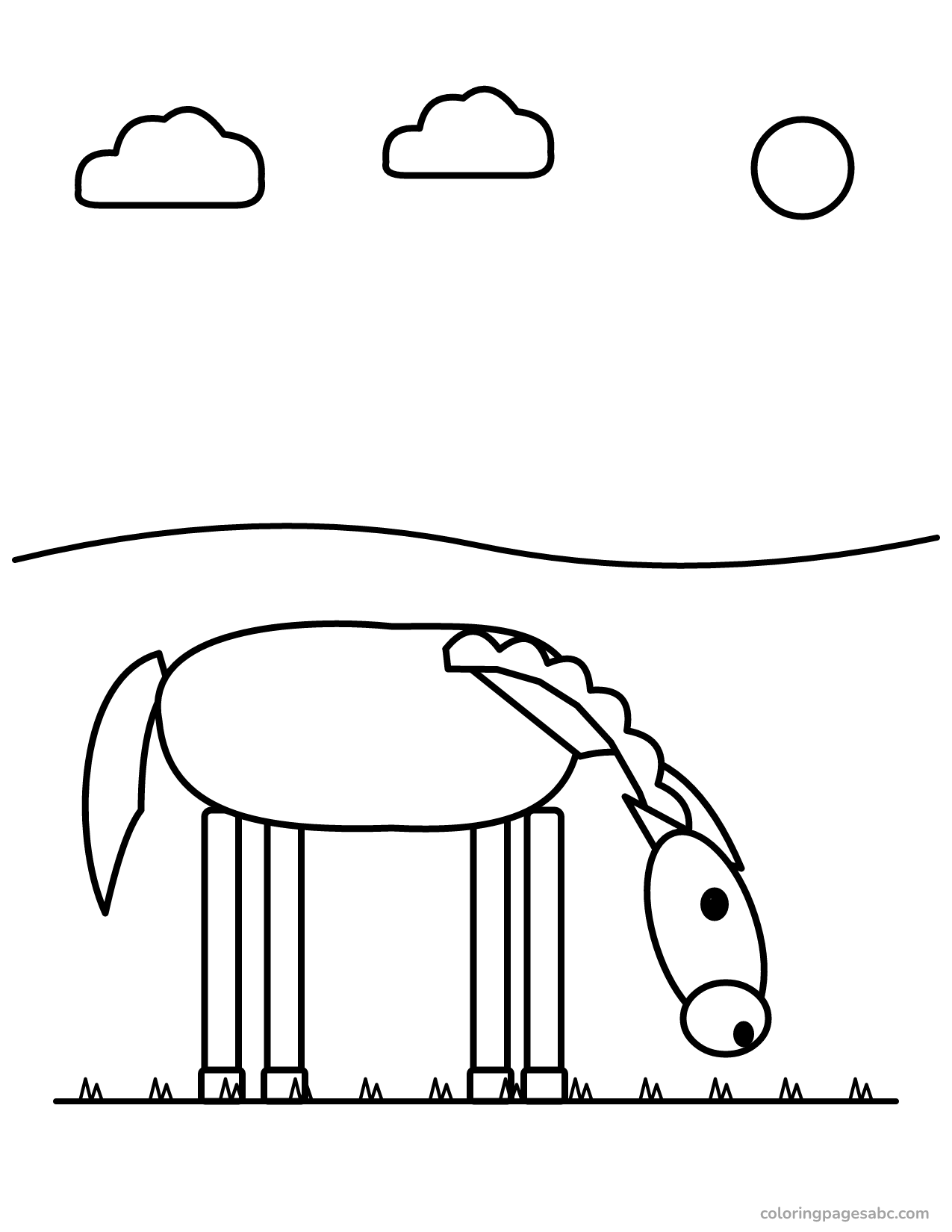 Horse grazing in a field with hills, clouds and the sun coloring page