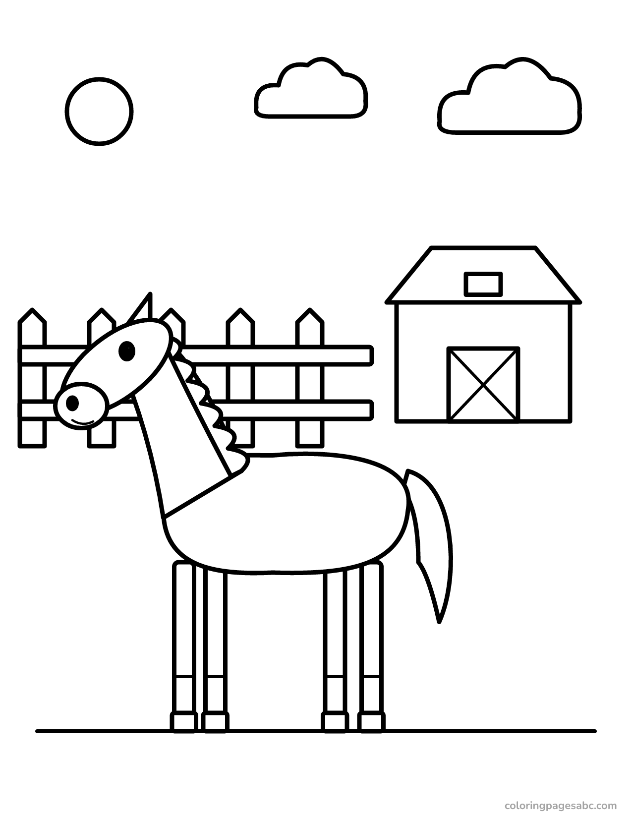 Horse in front of a fence and a barn on a sunny day coloring page