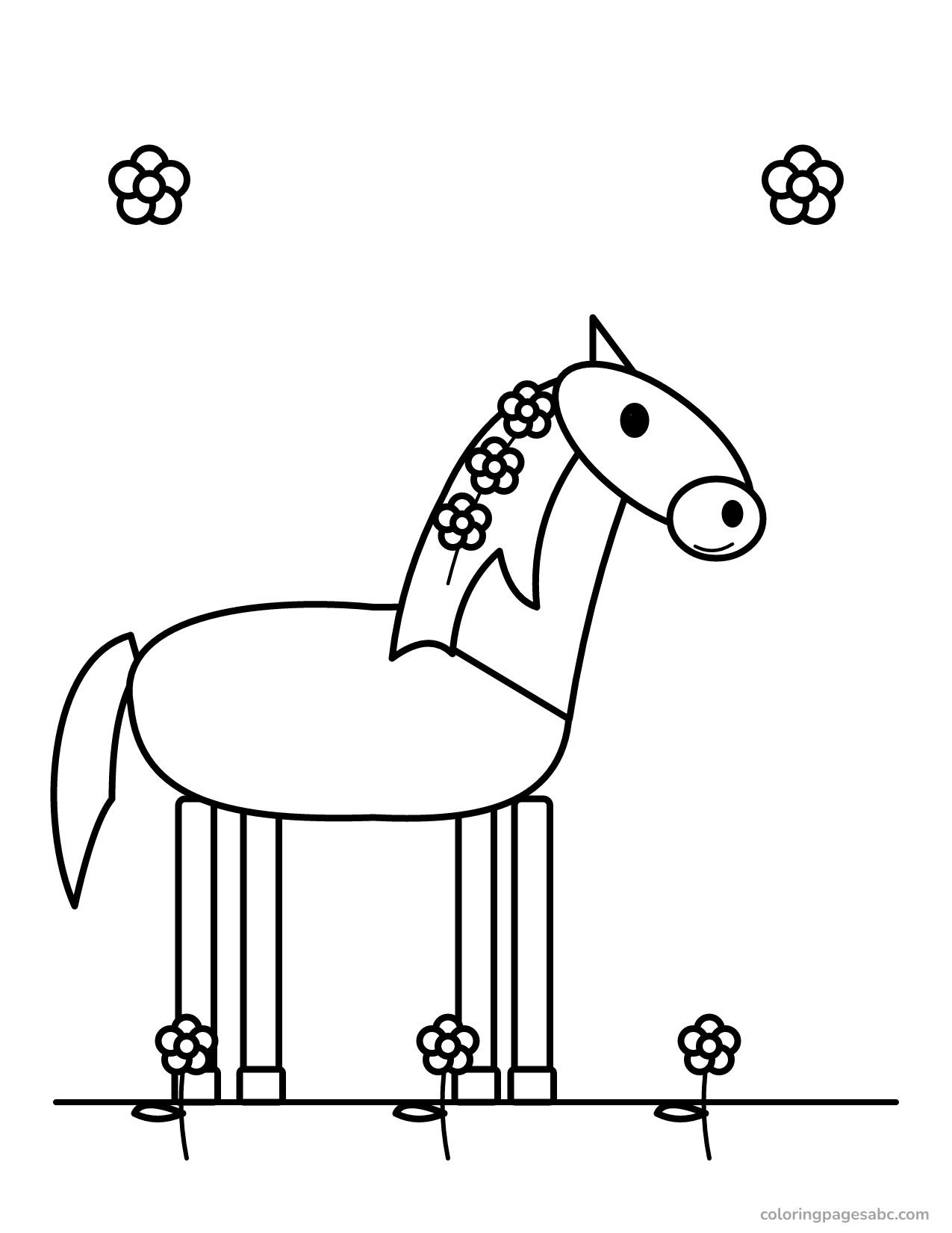 Horse with flowers in its mane standing between flowers coloring page