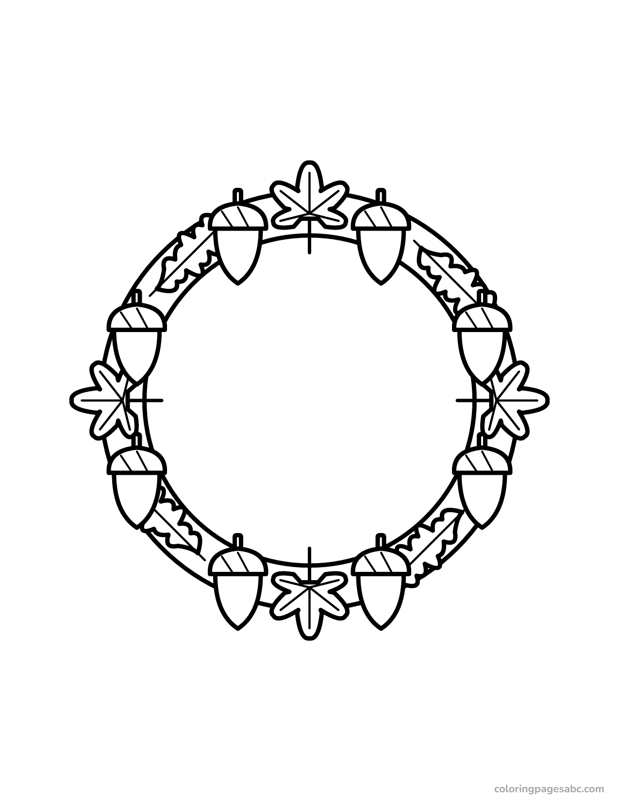 Round fall wreath of maple leaves, oak leaves and acorns coloring page