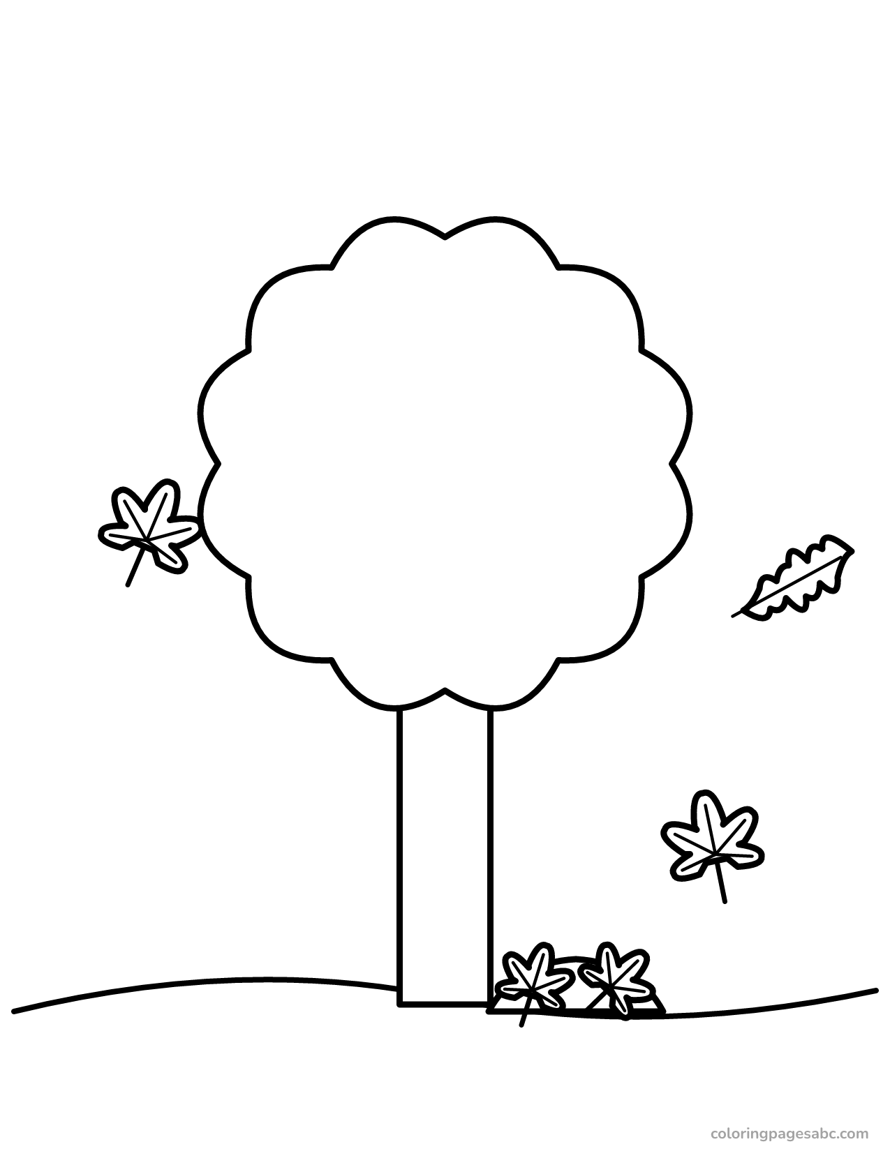 Big fall tree on a hill with leaves falling down coloring page
