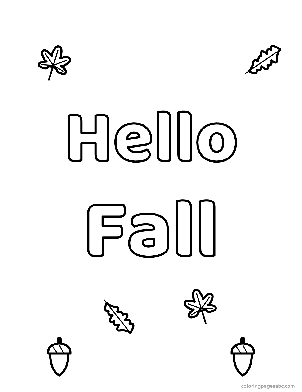 Hello Fall lettering with falling leaves and two acorns coloring page