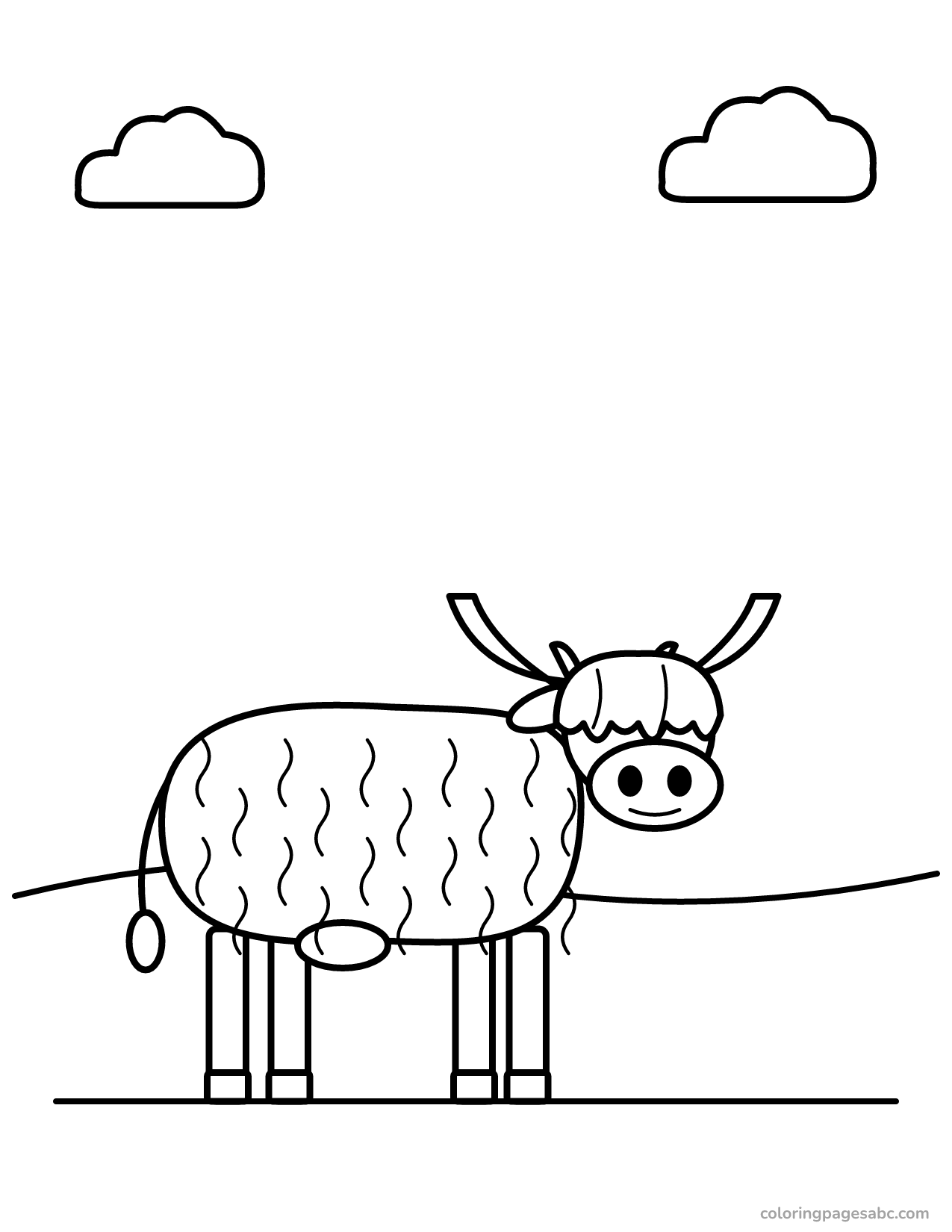 Highland cow with long horns and a shaggy coat coloring page