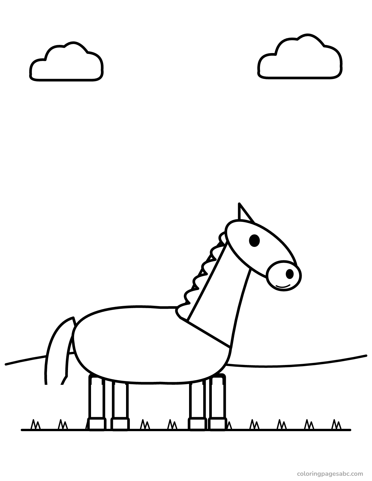 Pony with short legs standing in a field coloring page