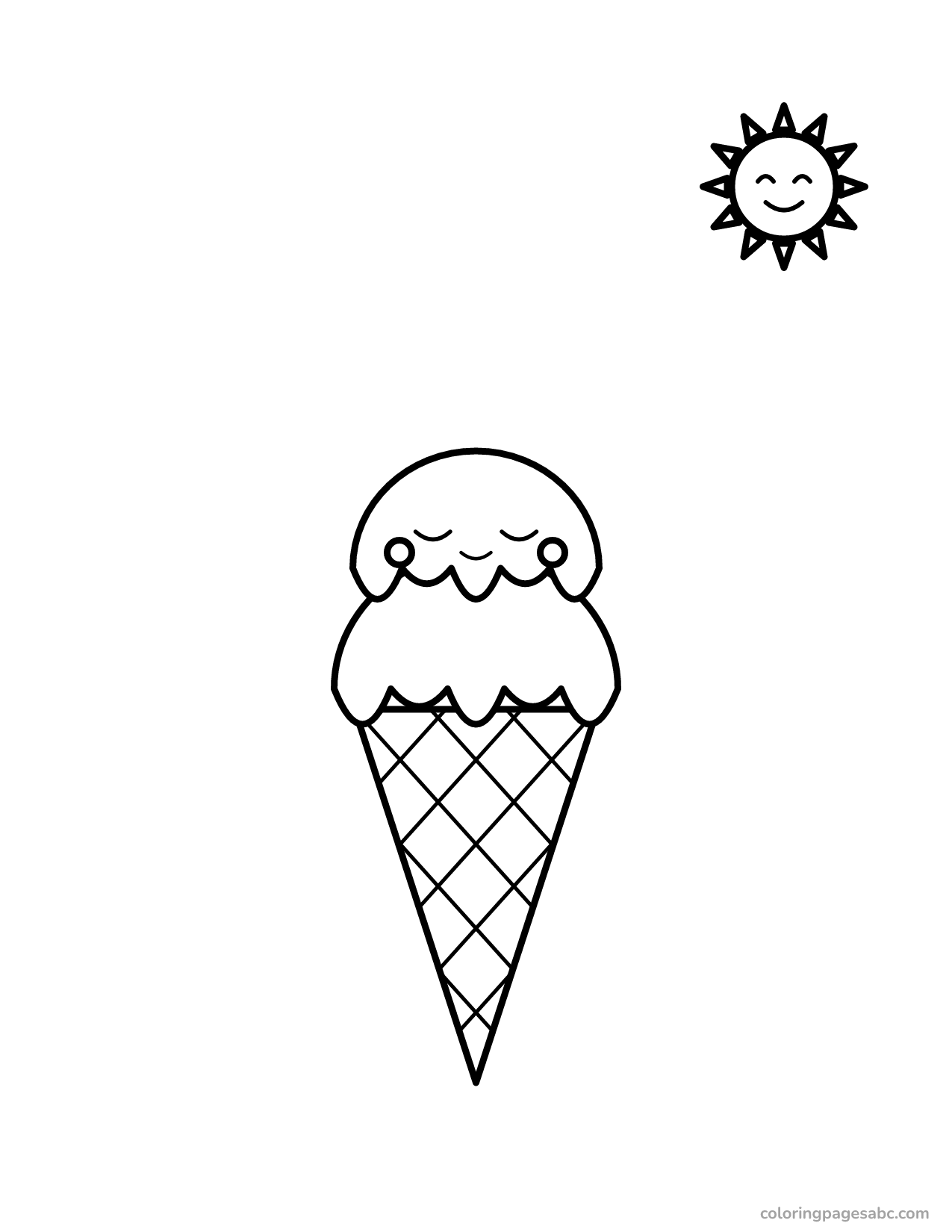 Two-scoop ice cream cone with a smiling top scoop and a sun
