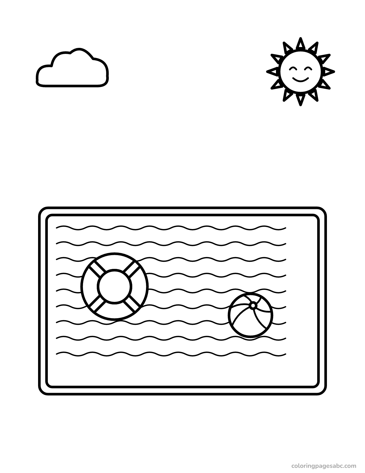 Swimming pool with a swim ring and a beach ball coloring page